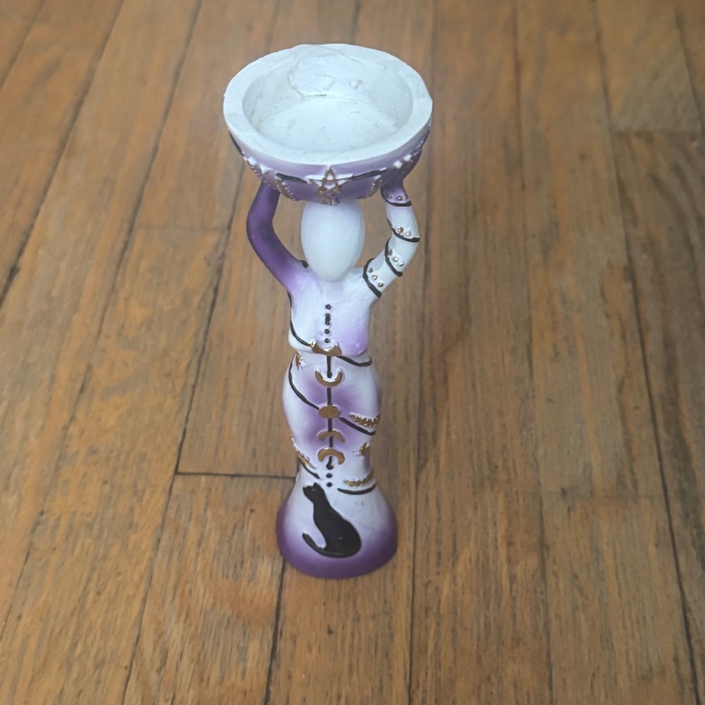 Purple Goddess Candle Holder Figurine Black Cat Moon Phases Wiccan Pagan Decor